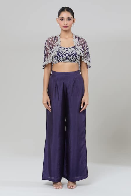 Kashmiraa_Purple Net, Silk Sequins Sweetheart Neck Embroidered Bustier Cape Pant Set _at_Aza_Fashions
