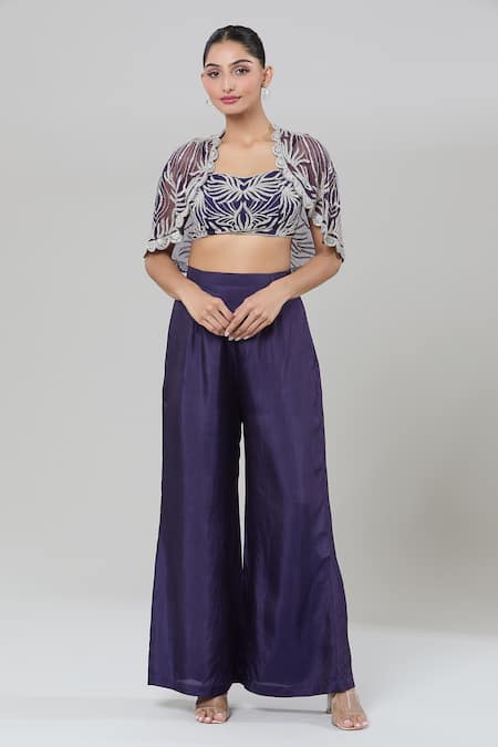 Buy_Kashmiraa_Purple Net, Silk Sequins Sweetheart Neck Embroidered Bustier Cape Pant Set 
