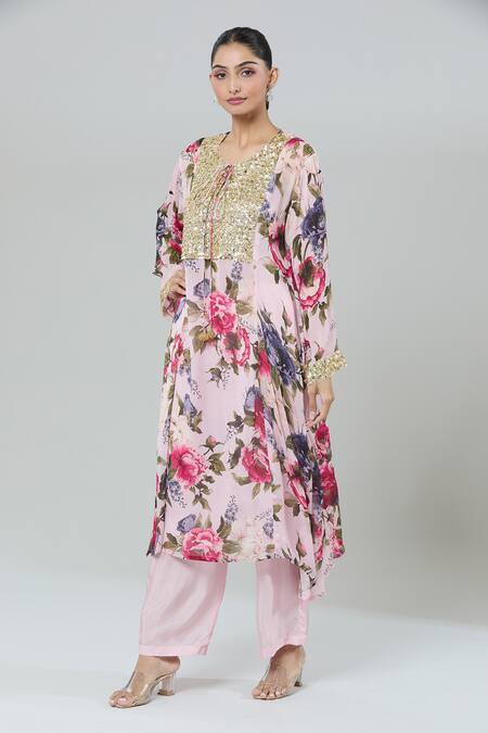 Buy_Kashmiraa_Pink Chiffon, Silk Sequins Floral Embroidered Kurta Set 