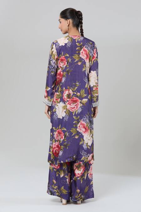 Shop_Kashmiraa_Purple Silk Zari, Sequins Split V-neck Botanical Print Kurta Set _at_Aza_Fashions