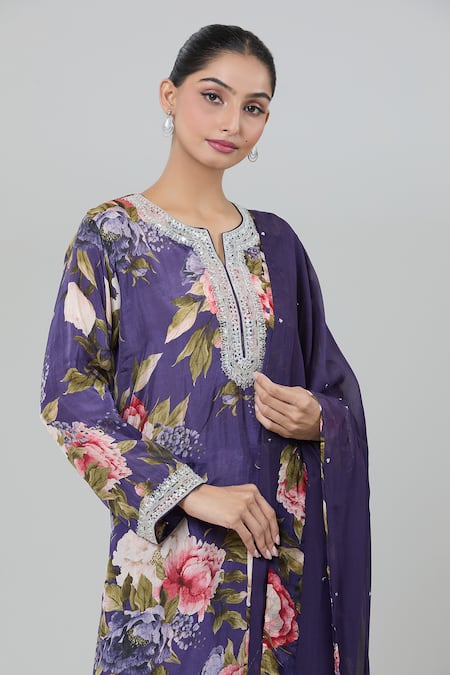 Kashmiraa_Purple Silk Zari, Sequins Split V-neck Botanical Print Kurta Set _Online_at_Aza_Fashions