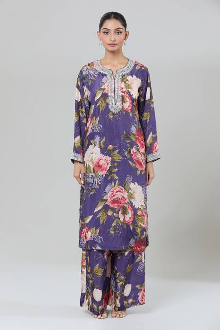 Shop_Kashmiraa_Purple Silk Zari, Sequins Split V-neck Botanical Print Kurta Set _Online_at_Aza_Fashions