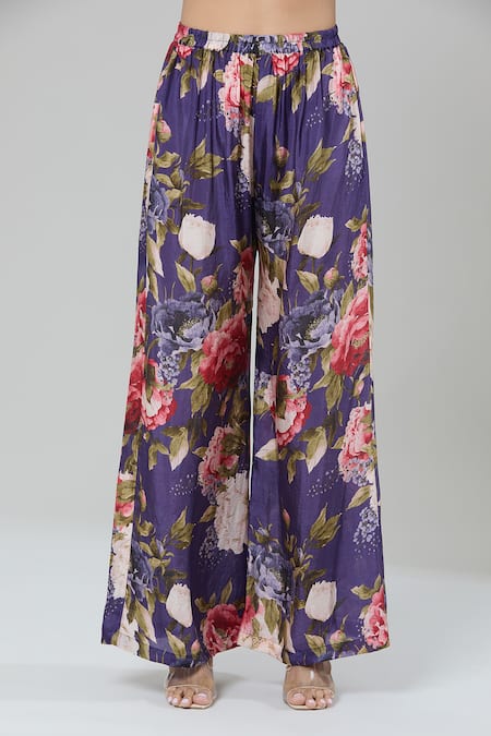 Kashmiraa_Purple Silk Zari, Sequins Split V-neck Botanical Print Kurta Set _at_Aza_Fashions