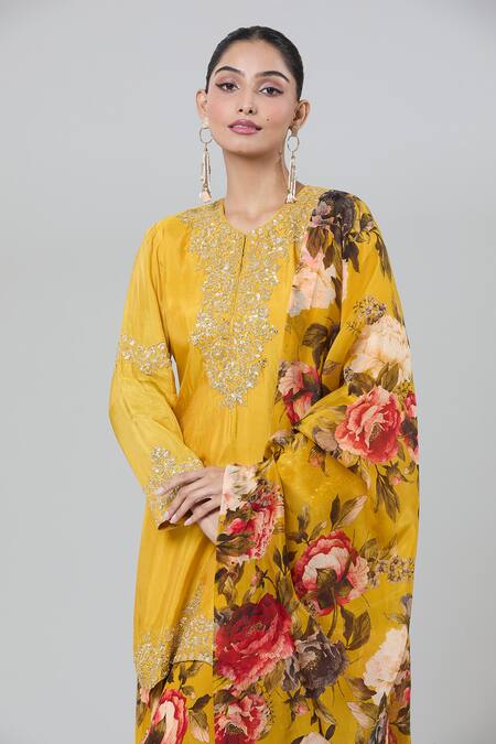 Kashmiraa_Yellow Silk Zari, Sequins, Embroidery Round Neck Floral Kurta Sharara Set _Online_at_Aza_Fashions