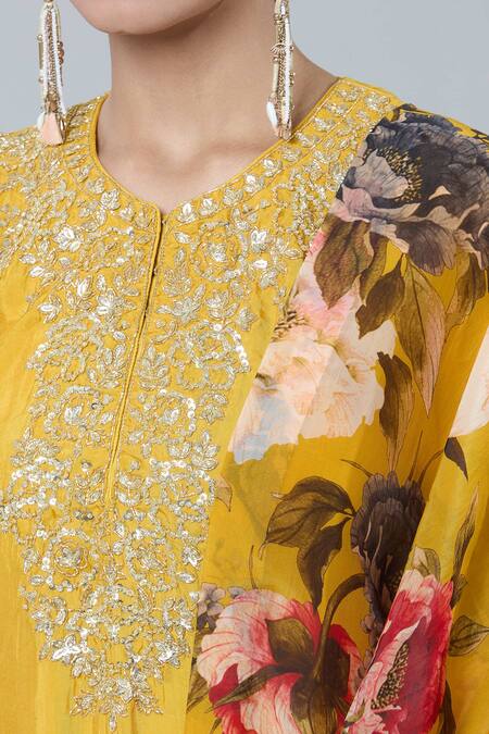 Buy_Kashmiraa_Yellow Silk Zari, Sequins, Embroidery Round Neck Floral Kurta Sharara Set _Online_at_Aza_Fashions