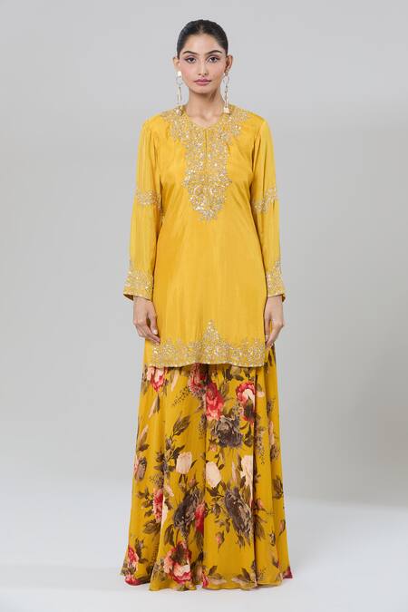 Kashmiraa_Yellow Silk Zari, Sequins, Embroidery Round Neck Floral Kurta Sharara Set _at_Aza_Fashions
