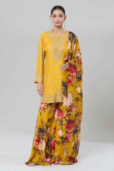 Buy_Kashmiraa_Yellow Silk Zari, Sequins, Embroidery Round Neck Floral Kurta Sharara Set 