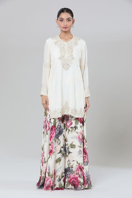 Shop_Kashmiraa_Ivory Silk Zari, Sequins Round Neck Floral Print Embroidered Kurta Set _Online_at_Aza_Fashions