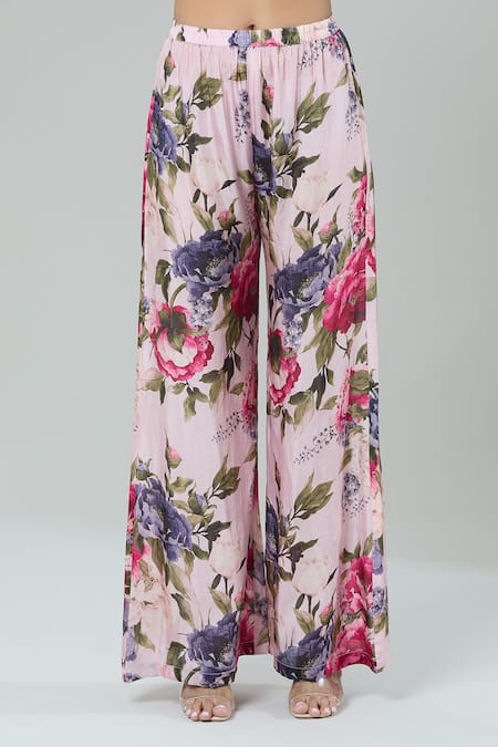 Shop_Kashmiraa_Pink Silk Cut Work V-neck Floral Embroidered Kurta And Pant Set _Online_at_Aza_Fashions