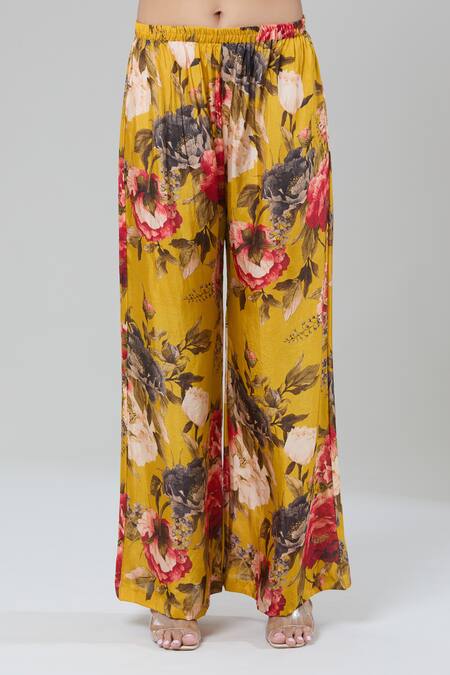 Shop_Kashmiraa_Yellow Silk Embroidery V-neck Floral Kurta And Pant Set _Online_at_Aza_Fashions