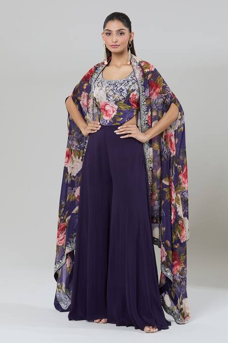 Kashmiraa_Purple Silk Sequins Round Neck Floral Print Cape And Sharara Set _Online_at_Aza_Fashions
