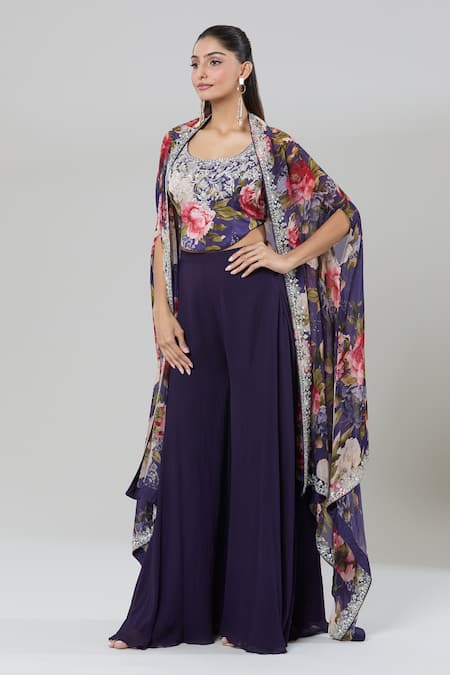 Buy_Kashmiraa_Purple Silk Sequins Round Neck Floral Print Cape And Sharara Set _Online_at_Aza_Fashions