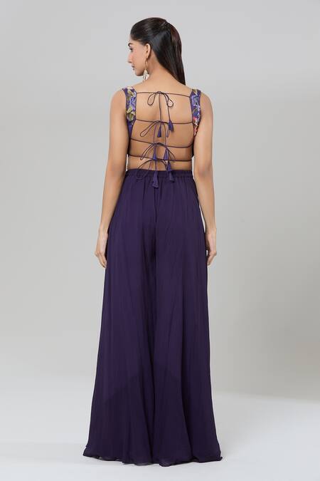 Buy_Kashmiraa_Purple Silk Sequins Round Neck Floral Print Cape And Sharara Set 