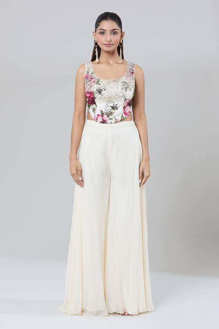 Kashmiraa_Ivory Silk Sequins Round Neck Botanical Print Cape Sharara Set _Online_at_Aza_Fashions