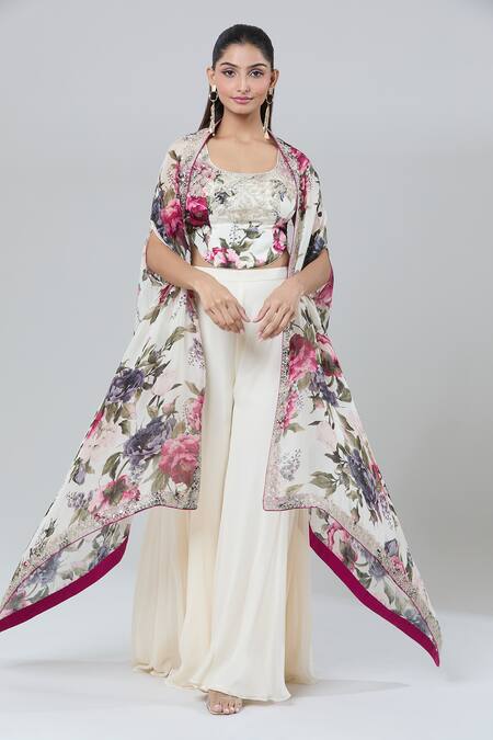 Buy_Kashmiraa_Ivory Silk Sequins Round Neck Botanical Print Cape Sharara Set _Online_at_Aza_Fashions