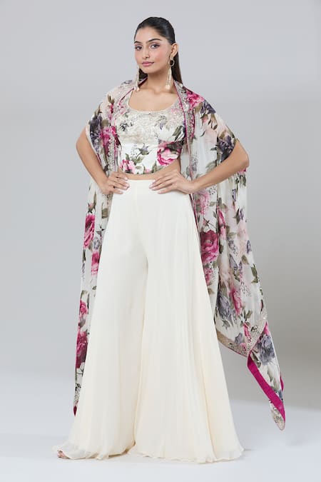Shop_Kashmiraa_Ivory Silk Sequins Round Neck Botanical Print Cape Sharara Set _Online_at_Aza_Fashions