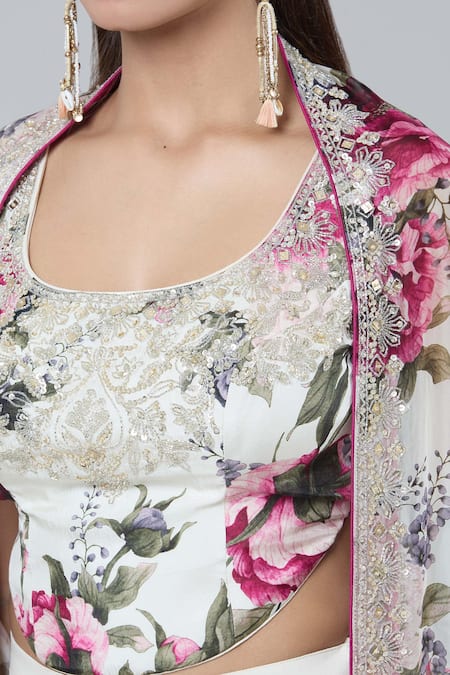 Kashmiraa_Ivory Silk Sequins Round Neck Botanical Print Cape Sharara Set _at_Aza_Fashions