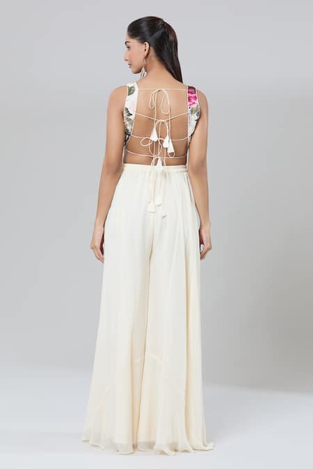 Shop_Kashmiraa_Ivory Silk Sequins Round Neck Botanical Print Cape Sharara Set 