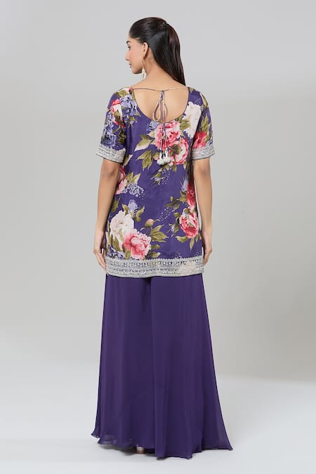 Kashmiraa Rose Print Embroidered Kurta Sharara Set 