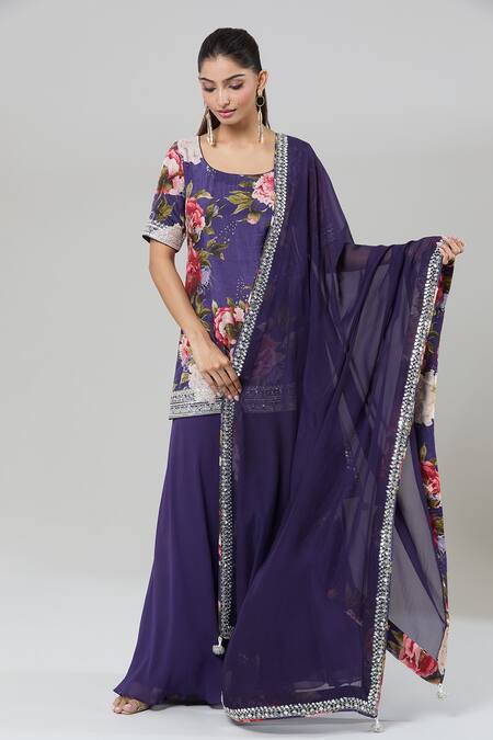 Kashmiraa_Purple Silk, Georgette Sequins, Zari Rose Print Embroidered Kurta Sharara Set _Online_at_Aza_Fashions