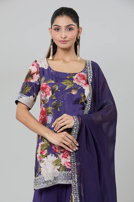 Buy_Kashmiraa_Purple Silk, Georgette Sequins, Zari Rose Print Embroidered Kurta Sharara Set _Online_at_Aza_Fashions