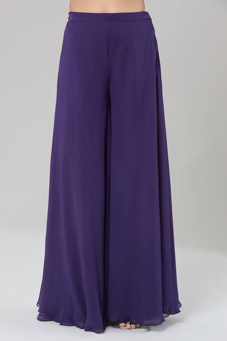 Kashmiraa_Purple Silk, Georgette Sequins, Zari Rose Print Embroidered Kurta Sharara Set _at_Aza_Fashions