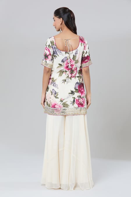 Shop_Kashmiraa_Ivory Silk Sequins, Zari Round Neck Rose Printed Kurta Set _at_Aza_Fashions