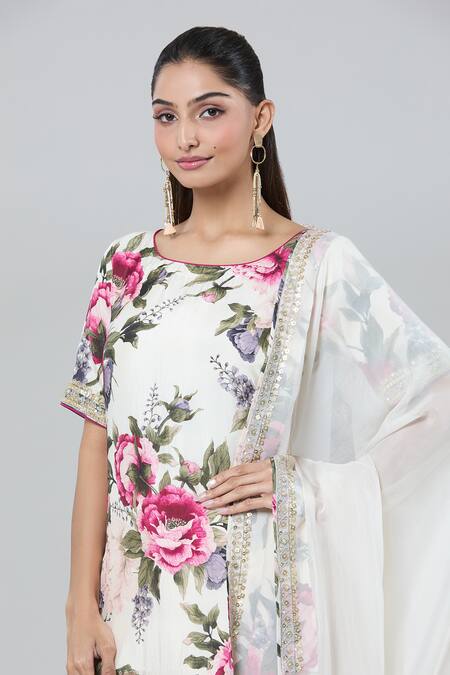 Buy_Kashmiraa_Ivory Silk Sequins, Zari Round Neck Rose Printed Kurta Set _Online_at_Aza_Fashions
