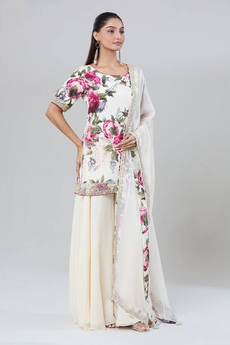 Kashmiraa_Ivory Silk Sequins, Zari Round Neck Rose Printed Kurta Set _at_Aza_Fashions