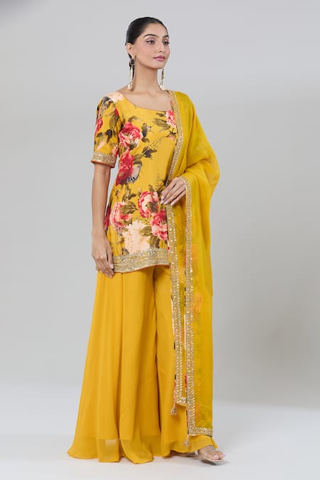 Kashmiraa_Yellow Silk, Chiffon Zari, Sequins Round Neck Floral Print Kurta Sharara Set _Online_at_Aza_Fashions