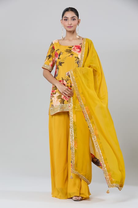 Buy_Kashmiraa_Yellow Silk, Chiffon Zari, Sequins Round Neck Floral Print Kurta Sharara Set _Online_at_Aza_Fashions
