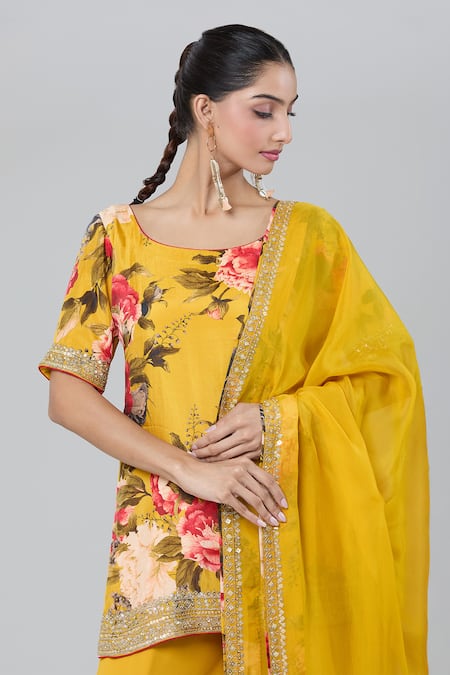 Shop_Kashmiraa_Yellow Silk, Chiffon Zari, Sequins Round Neck Floral Print Kurta Sharara Set _Online_at_Aza_Fashions