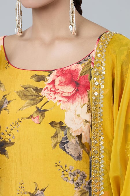 Kashmiraa_Yellow Silk, Chiffon Zari, Sequins Round Neck Floral Print Kurta Sharara Set _at_Aza_Fashions