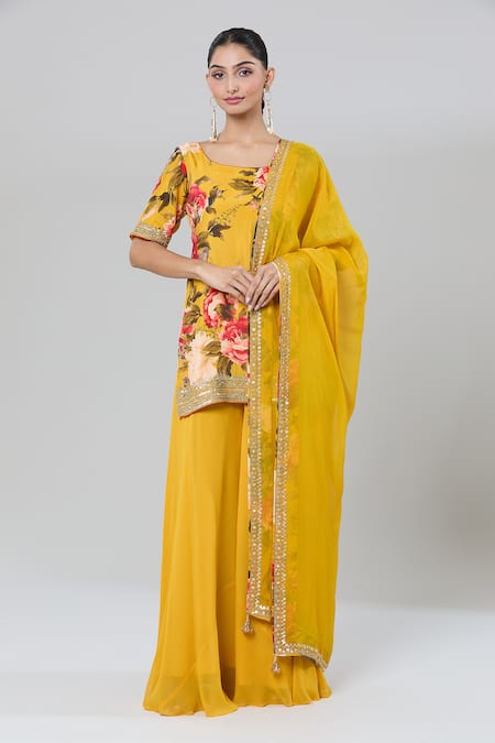 Buy_Kashmiraa_Yellow Silk, Chiffon Zari, Sequins Round Neck Floral Print Kurta Sharara Set 