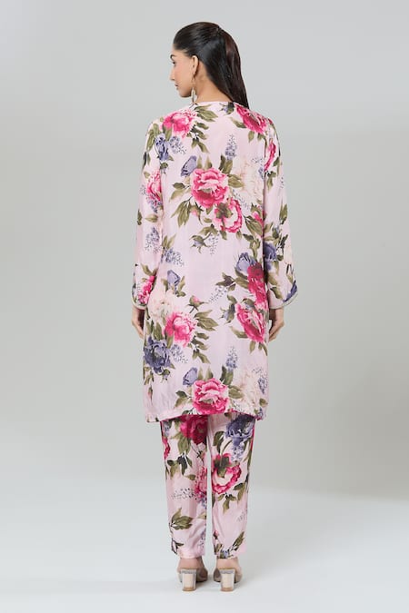Kashmiraa Pink Garden Print Kurta Pant Set 