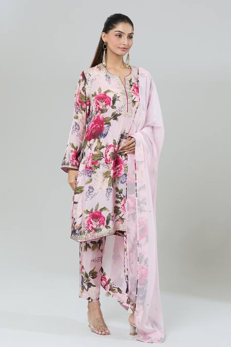 Kashmiraa Pink Silk Zari, Sequins Split V-neck Garden Print Kurta Pant Set Online at Aza Fashions Kashmiraa_Pink Silk Zari, Sequins Split V-neck Garden Print Kurta Pant Set _Online_at_Aza_Fashions