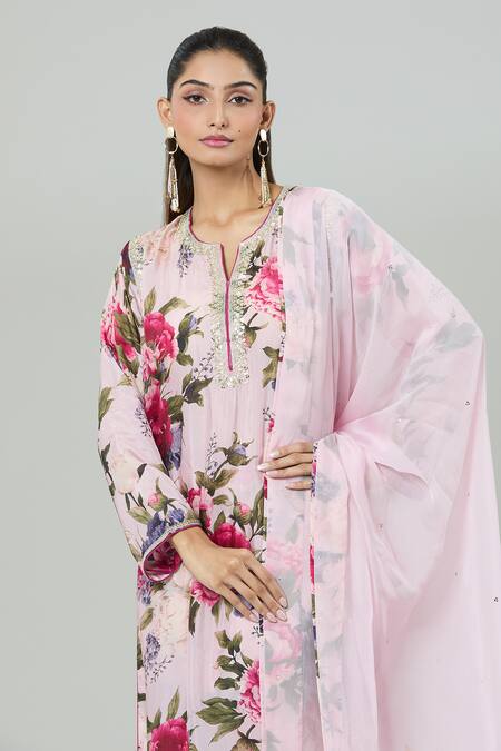 Buy Kashmiraa Pink Silk Zari, Sequins Split V-neck Garden Print Kurta Pant Set Online at Aza Fashions Buy_Kashmiraa_Pink Silk Zari, Sequins Split V-neck Garden Print Kurta Pant Set _Online_at_Aza_Fashions