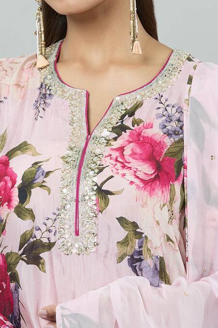 Shop Kashmiraa Pink Silk Zari, Sequins Split V-neck Garden Print Kurta Pant Set Online at Aza Fashions Shop_Kashmiraa_Pink Silk Zari, Sequins Split V-neck Garden Print Kurta Pant Set _Online_at_Aza_Fashions