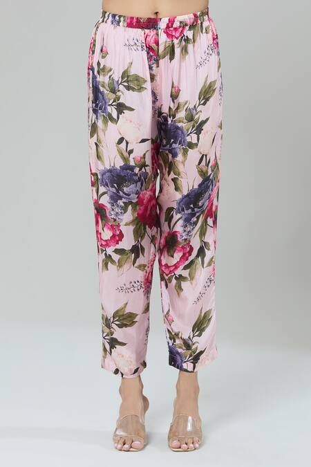 Kashmiraa Pink Silk Zari, Sequins Split V-neck Garden Print Kurta Pant Set at Aza Fashions Kashmiraa_Pink Silk Zari, Sequins Split V-neck Garden Print Kurta Pant Set _at_Aza_Fashions