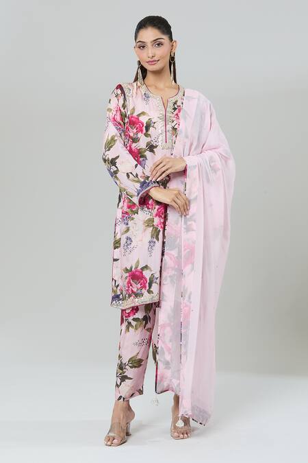 Buy Kashmiraa Pink Silk Zari, Sequins Split V-neck Garden Print Kurta Pant Set Buy_Kashmiraa_Pink Silk Zari, Sequins Split V-neck Garden Print Kurta Pant Set