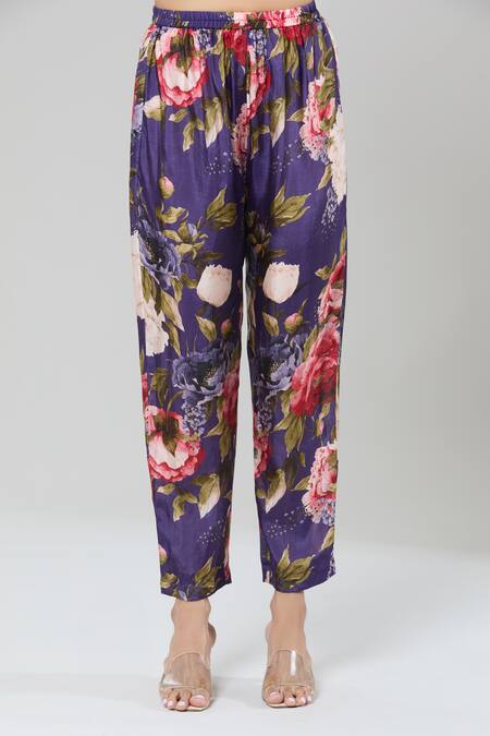 Kashmiraa_Purple Silk Sequins, Zari Split V-neck Floral Zardozi Embroidered Kurta Set _at_Aza_Fashions