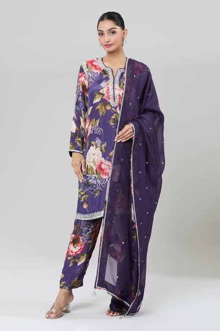 Buy_Kashmiraa_Purple Silk Sequins, Zari Split V-neck Floral Zardozi Embroidered Kurta Set 