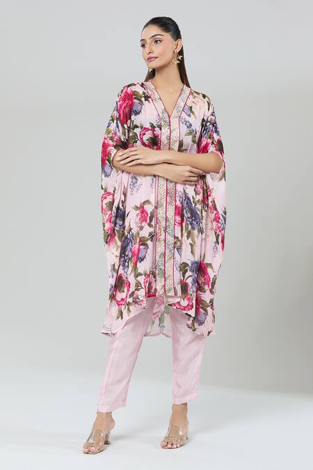 Kashmiraa_Pink Silk Embroidery, Sequins V-neck Floral Kaftan And Pant Set _Online_at_Aza_Fashions