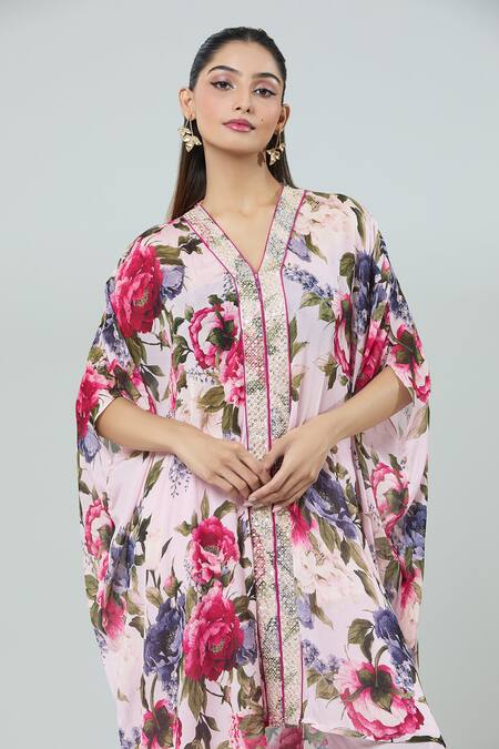 Shop_Kashmiraa_Pink Silk Embroidery, Sequins V-neck Floral Kaftan And Pant Set _Online_at_Aza_Fashions