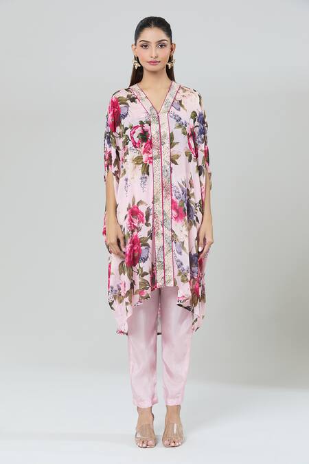 Kashmiraa_Pink Silk Embroidery, Sequins V-neck Floral Kaftan And Pant Set _at_Aza_Fashions