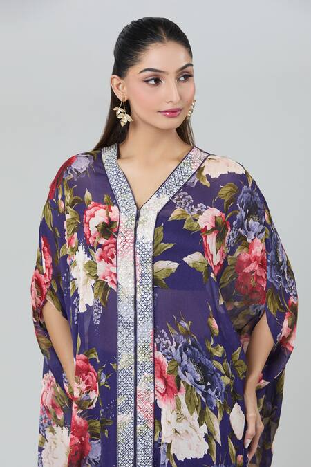 Kashmiraa_Purple Silk Sequins, Cut Work V-neck Botanical Print Kaftan And Pant Set _Online_at_Aza_Fashions