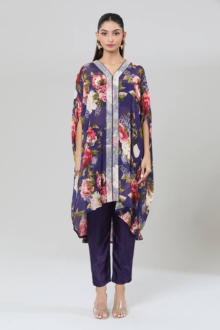 Buy_Kashmiraa_Purple Silk Sequins, Cut Work V-neck Botanical Print Kaftan And Pant Set _Online_at_Aza_Fashions
