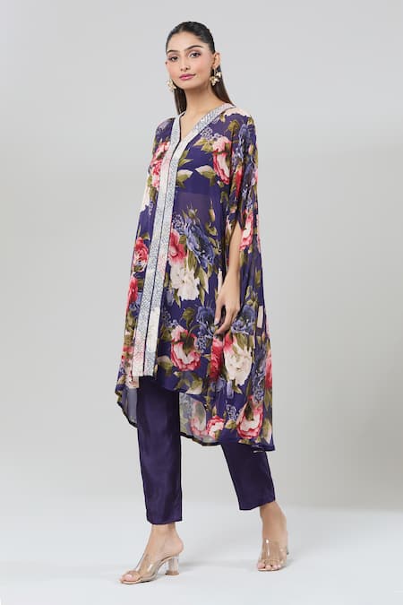 Shop_Kashmiraa_Purple Silk Sequins, Cut Work V-neck Botanical Print Kaftan And Pant Set _Online_at_Aza_Fashions
