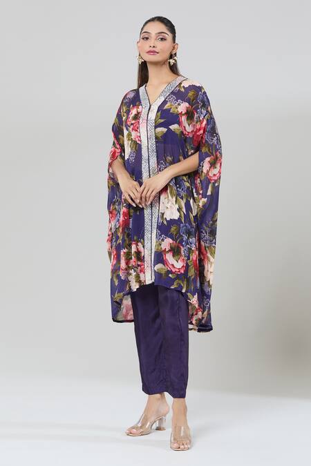 Kashmiraa_Purple Silk Sequins, Cut Work V-neck Botanical Print Kaftan And Pant Set _at_Aza_Fashions