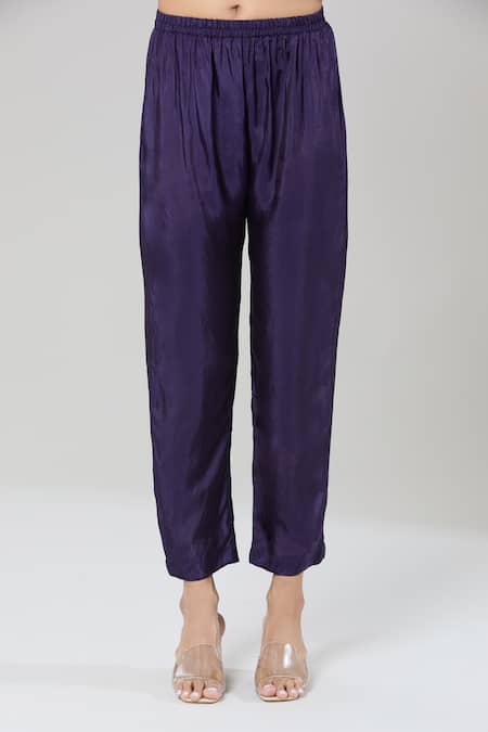 Buy_Kashmiraa_Purple Silk Sequins, Cut Work V-neck Botanical Print Kaftan And Pant Set 